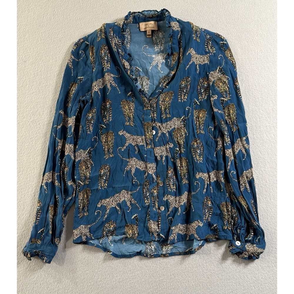 KACHEL X ANTHROPOLOGIE Cheetah Print Blue Blouse, Size 6 Long Sleeve V- Neck